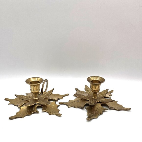 Vintage Holly Leaf Chamberstick Finger Loop Solid Brass Candle Holders Set of 2 - Picture 4 of 8